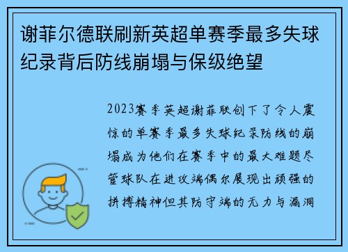 谢菲尔德联刷新英超单赛季最多失球纪录背后防线崩塌与保级绝望 谢菲尔德联刷新英超单赛季最多失球纪录背后防线崩塌与保级绝望